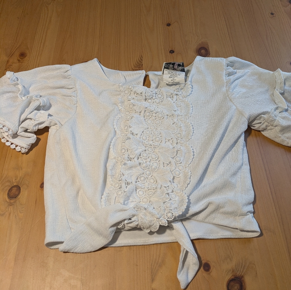Rare Editions White Puff Sleeve Blouse with Tie Front